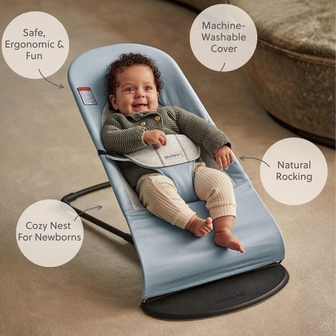 BabyBjörn Bouncer Balance Soft, Blue/Gray, Woven/Jersey | 2-in-1 Adjustable Baby Bouncer Seat and Toddler Chair, Newborn to Toddler (8-29 lbs), 4 Positions, Lightweight & Portable
