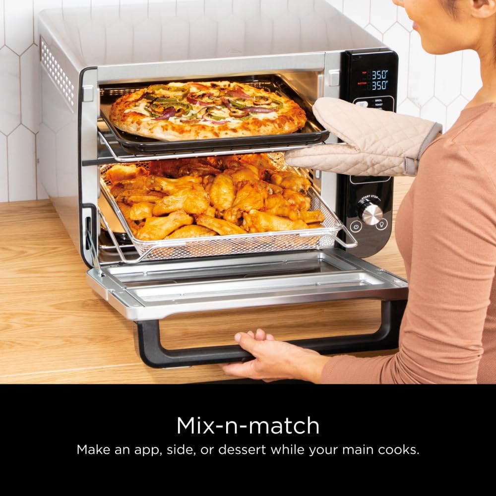 Ninja DCT401 12-in-1 Double Oven with FlexDoor, FlavorSeal & Smart Finish, Rapid Top Convection and Air Fry Bottom, Bake, Roast, Toast, Air Fry, Pizza and More, Stainless Steel (Renewed)
