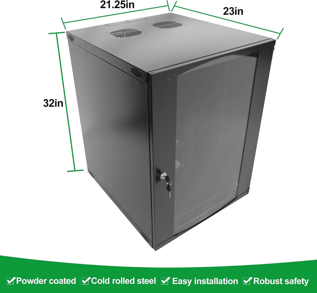 15U Server Cabinet Wall Mount Rack Enclosure with Caster Wheels 2 Server Fans Locking Glass Door Removable Side Panels 19' Network Cabinet 15-18.5' Installation Depth Heavy-Duty Frame (32INCH, 15U)