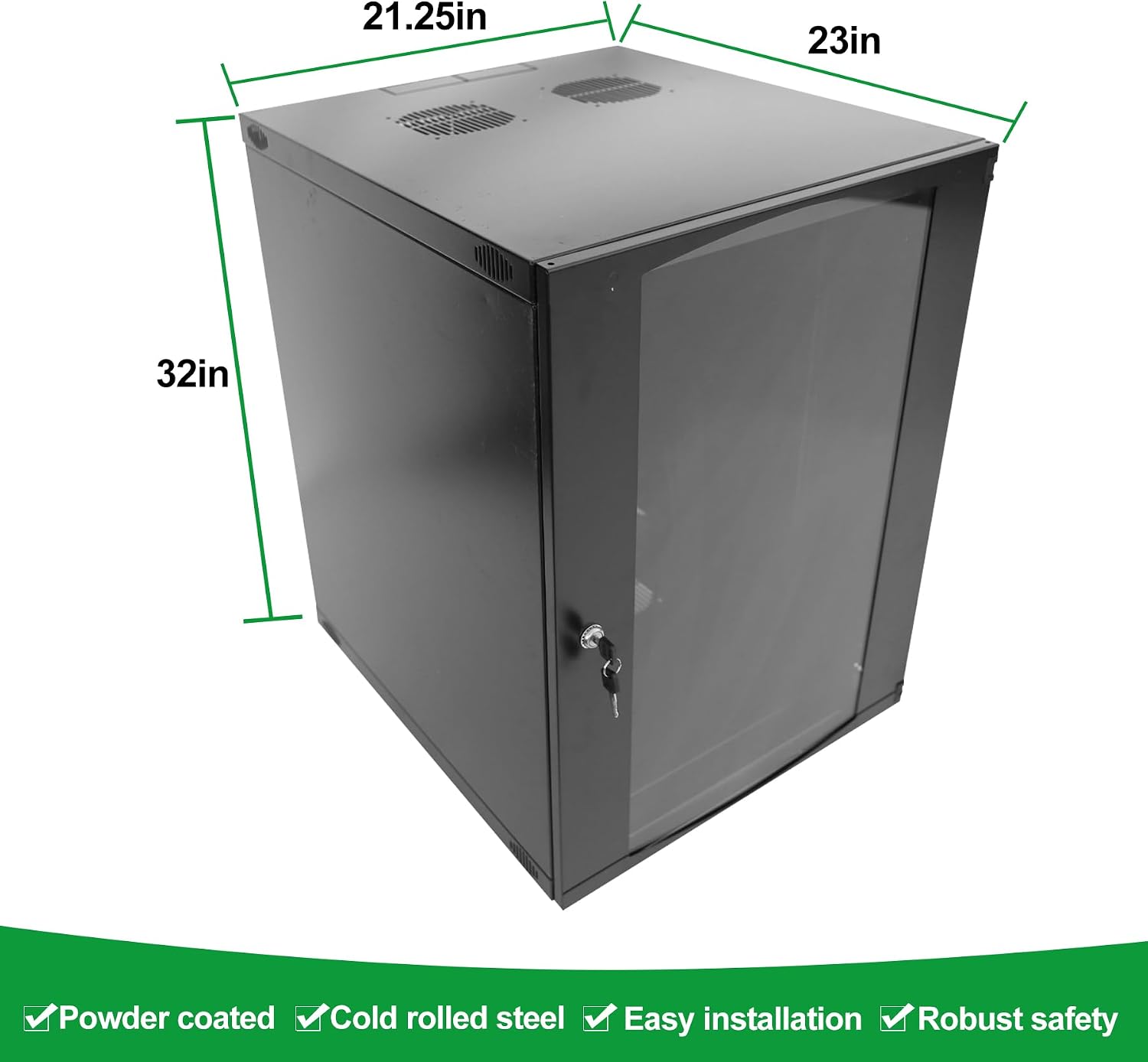 15U Server Cabinet Wall Mount Rack Enclosure with Caster Wheels 2 Server Fans Locking Glass Door Removable Side Panels 19' Network Cabinet 15-18.5' Installation Depth Heavy-Duty Frame (32INCH, 15U)