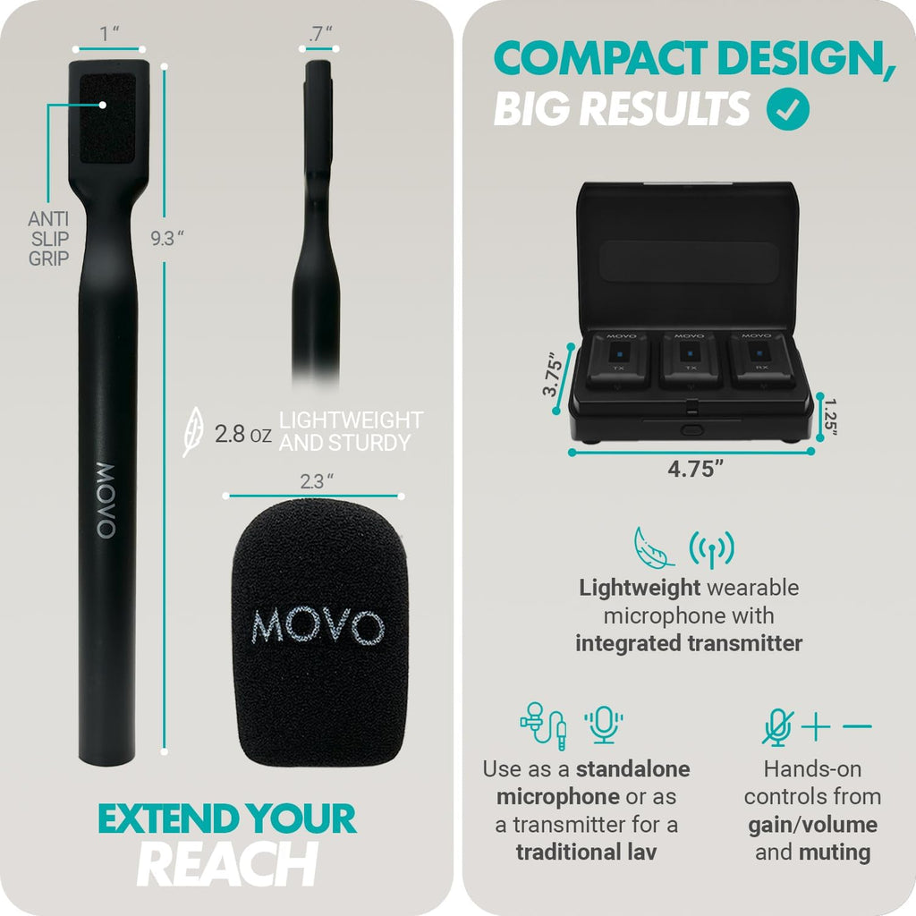 Movo WMX-2-DUO Dual Microphone Compact Wireless System with Handheld Extension Mounts - Mini Wireless Lavalier Microphones for Cameras with Mic Handles for Reporting, Interviews and More