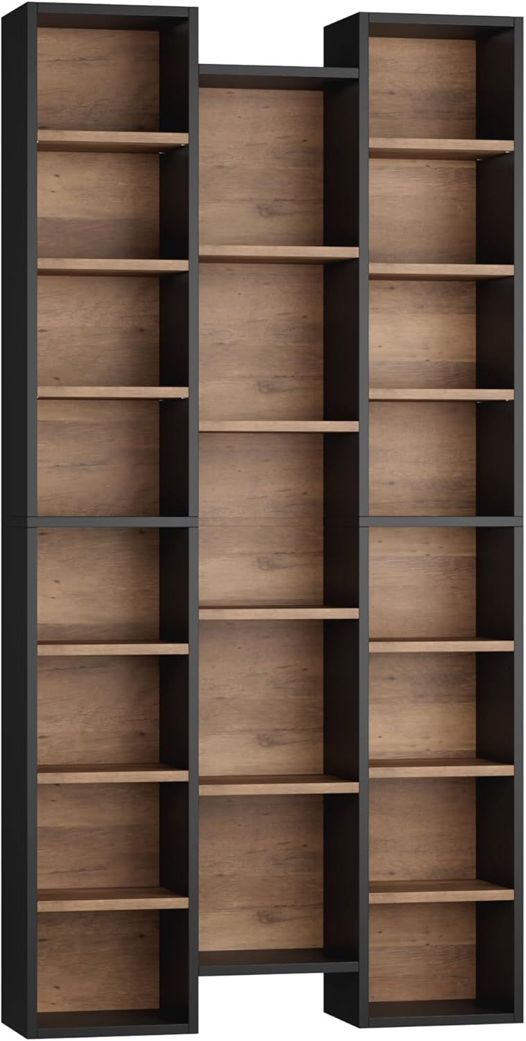 FOTOSOK 71'' Tall Bookshelf with 21 Cubes, 8 Tier Triple Wide Bookshelf with 8 Adjustable Shelves, 35' Large Bookcase DVD/CD Media Tower Storage, Freestanding Display Shelf Cabinet, Black/Brown
