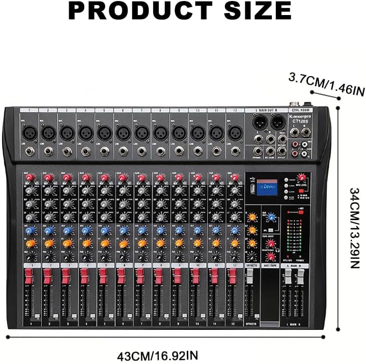 12 Channel Professional Audio Mixer Console Sound Board with 48V Phantom Power,USB Audio Interface for Live Show,Streaming Recording Music Stage Karaoke