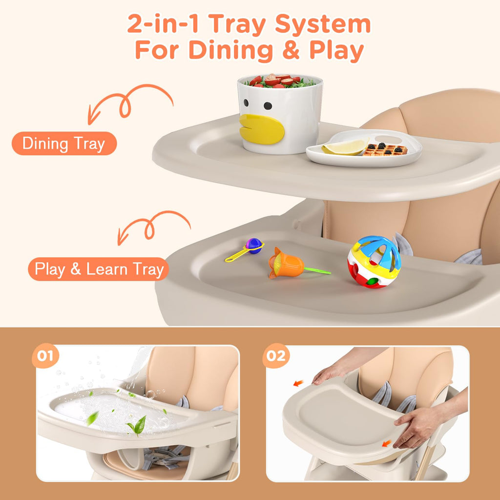 6-in-1 High Chair for Babies and Toddlers, 2026 New Aluminum Alloy Folding Toddler Step Stool with 4-Position Height, Detachable Double-Layer Tray, 6 Growing Stages from Infant to Toddler Seating