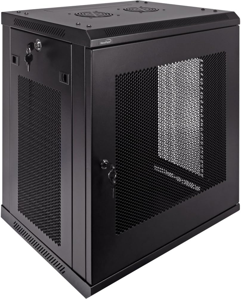 NavePoint 12U Server Rack - 17.7' Deep, Wall Mount Network Cabinet with Locking Perforated Door, 19' IT Equipment Compatible, Removable Side Panels, Black
