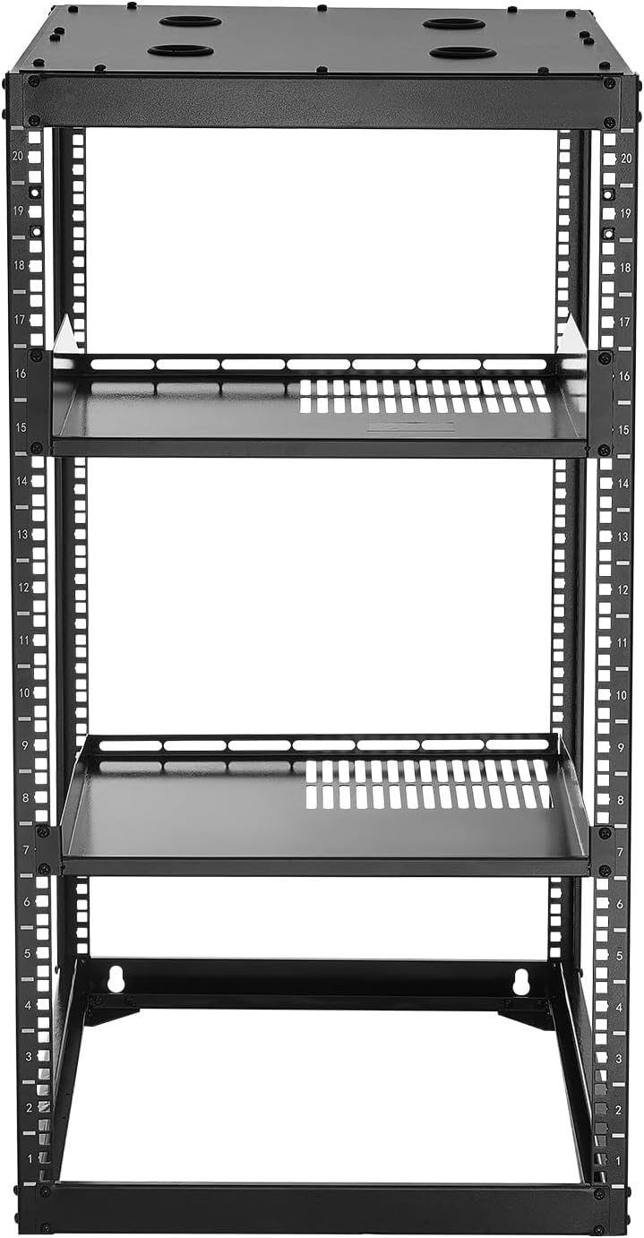 VEVOR 20U Server Rack, Open Frame Network Rack,4-Post Floor Standing or Wall Mounted, Includes 2PCS Vented 1U Rack Shelves & Mounting Hardware, Computer Wall Rack for 19' IT/AV Equipment