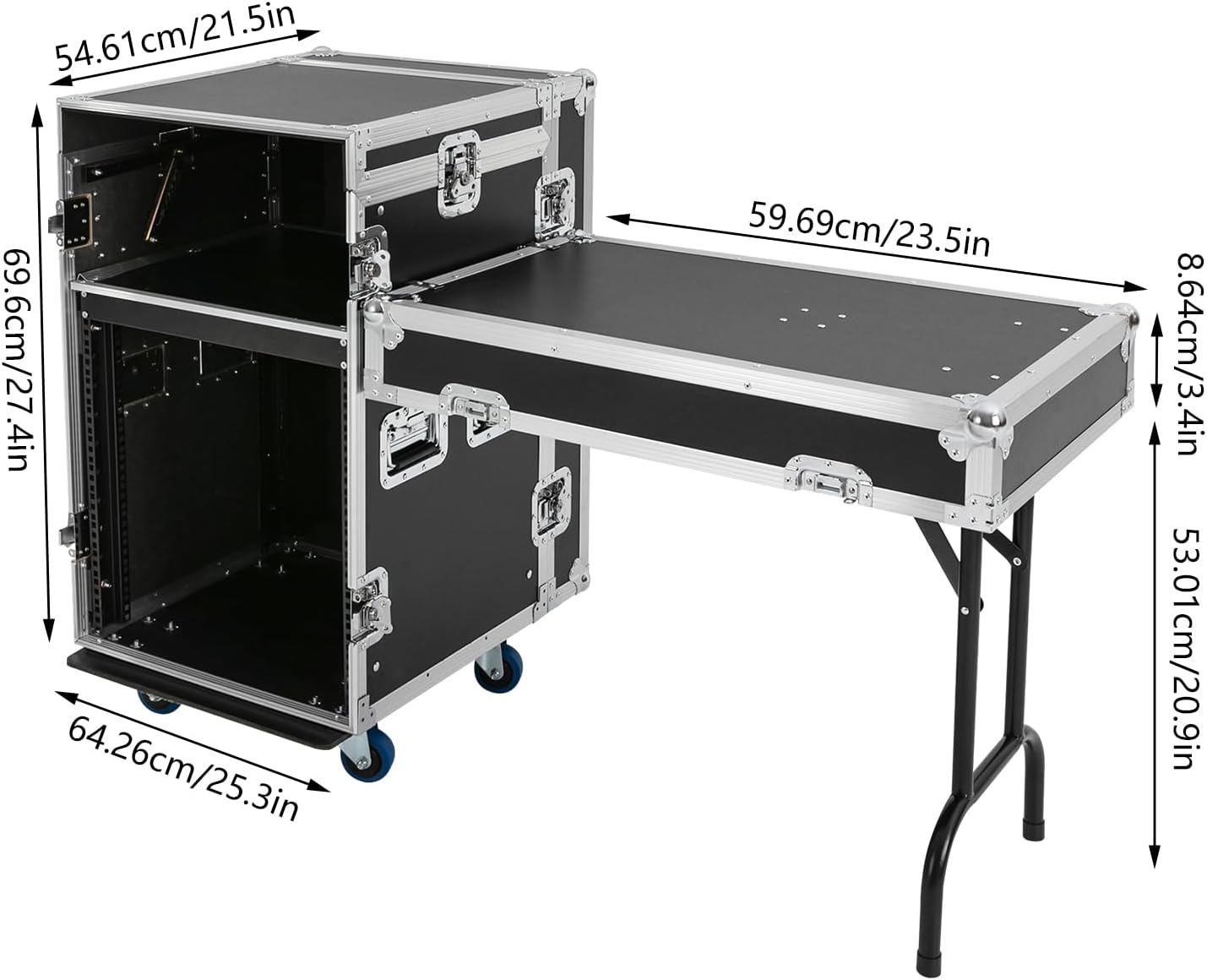 12U PA DJ Pro Audio Rack/Road ATA Case with DJ Work Table Top, Heavy-Duty Plywood Av Rack Case with Casters, Mobile 2 Tiers Studio Rack for Storing Electronic Equipment, Metal Corners