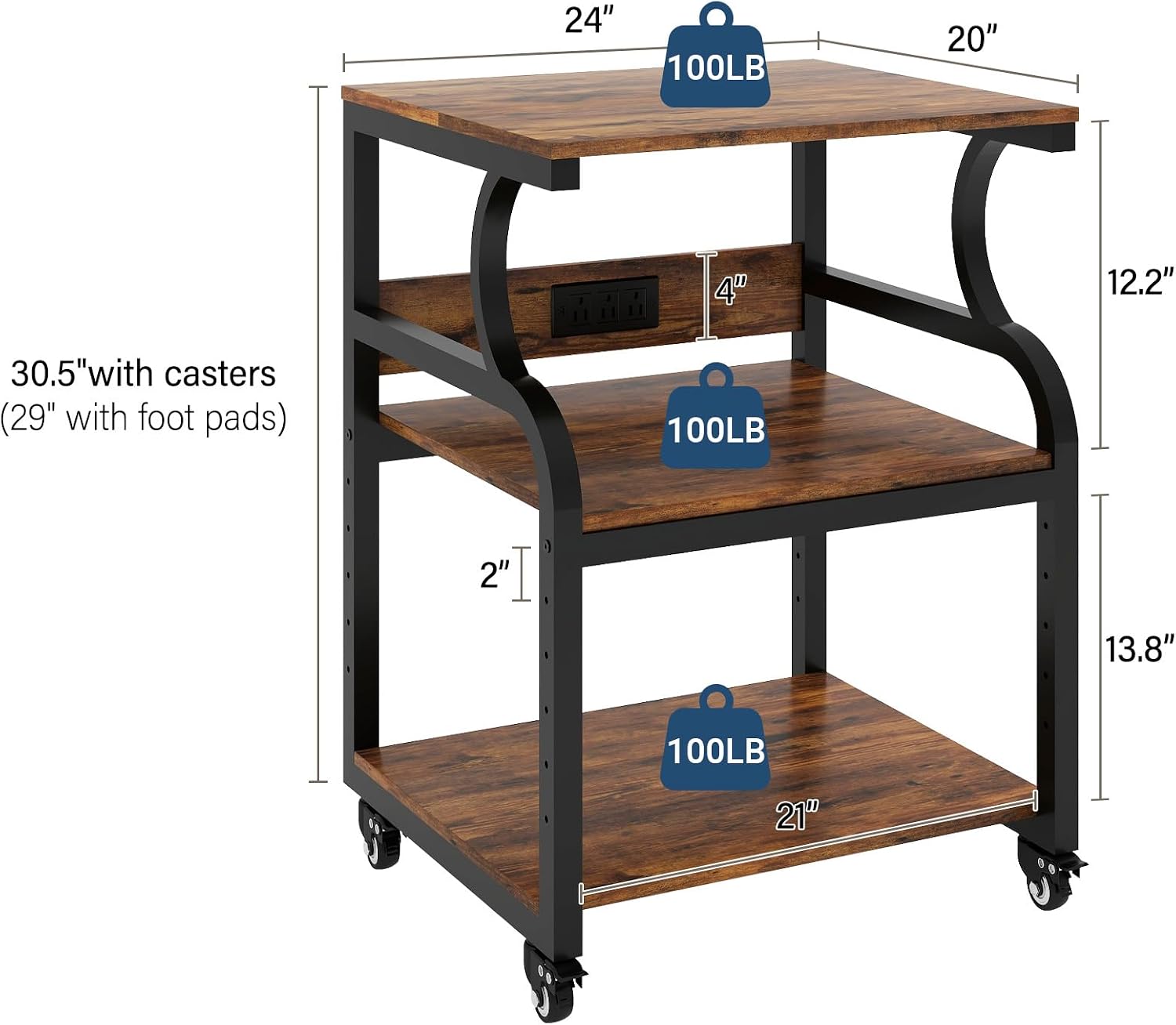Natwind Large 3-Tier Rolling Printer Cart with Adjustable Shelf, 24'x20' Mobile Stand for Heat Press, 3D Printer, Home Office Multifunctional Shelves with Locking Wheels (Retro)
