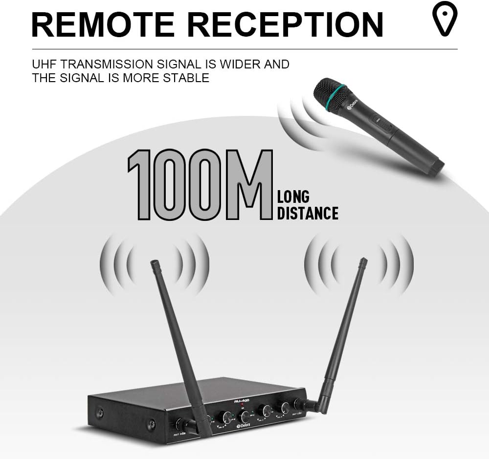 Debra Audio Pro UHF 4 Channel Wireless Microphone System with Cordless Handheld Lavalier Headset Mics, Metal Receiver, Ideal for Karaoke Church Party(with 4 Handheld (B))