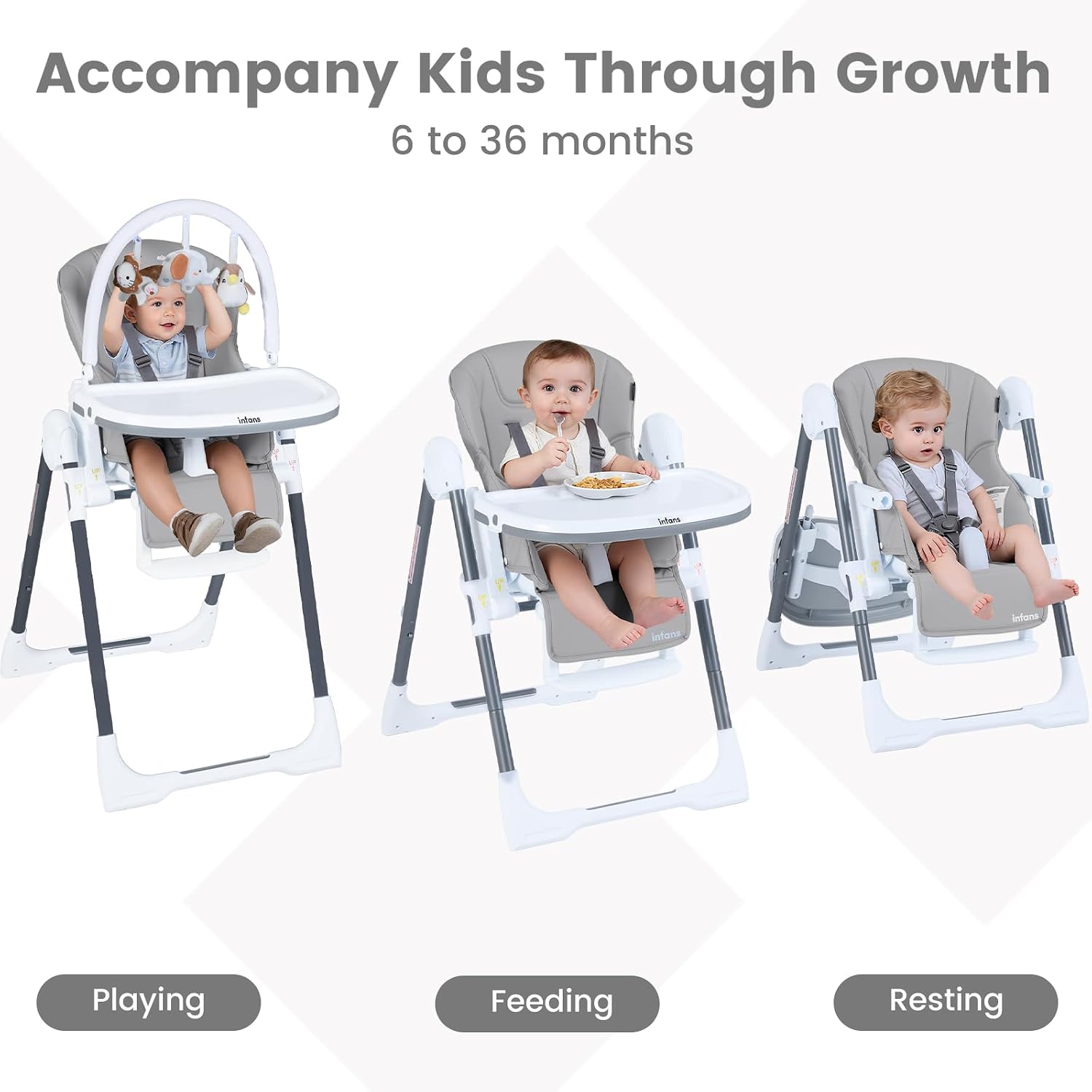 INFANS High Chair for Babies and Toddlers, Foldable Highchair with 7 Different Heights 4 Reclining Backrest Seat 3 Setting Footrest, Removable Tray Built-in Rear Wheels with Locks