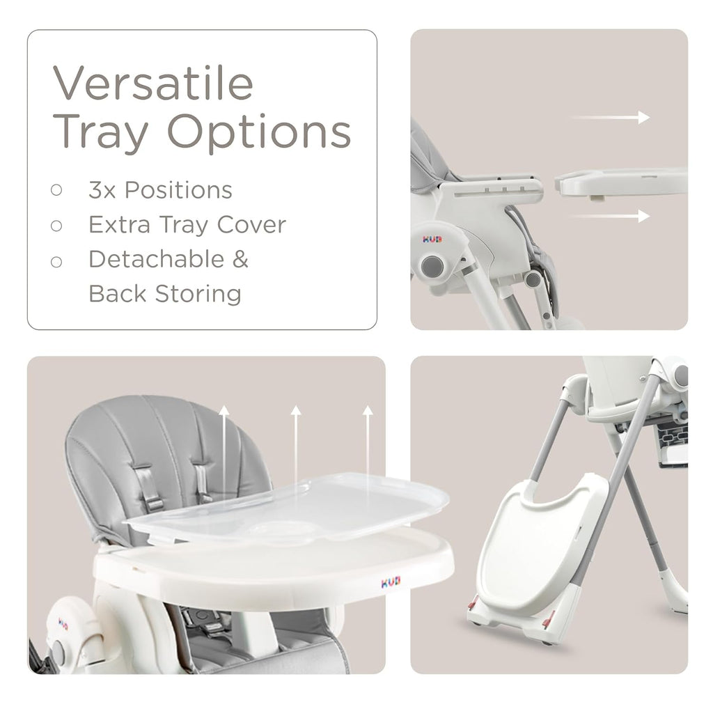 KÜB 3-in-1 Foldable Baby High Chair | Multifunctional Infant High Chairs for Babies and Toddlers | Removable Seat & Tray for Easy Clean | 7 Height & 4 Recline Adjustable | 2 Locking Wheels(Grey)
