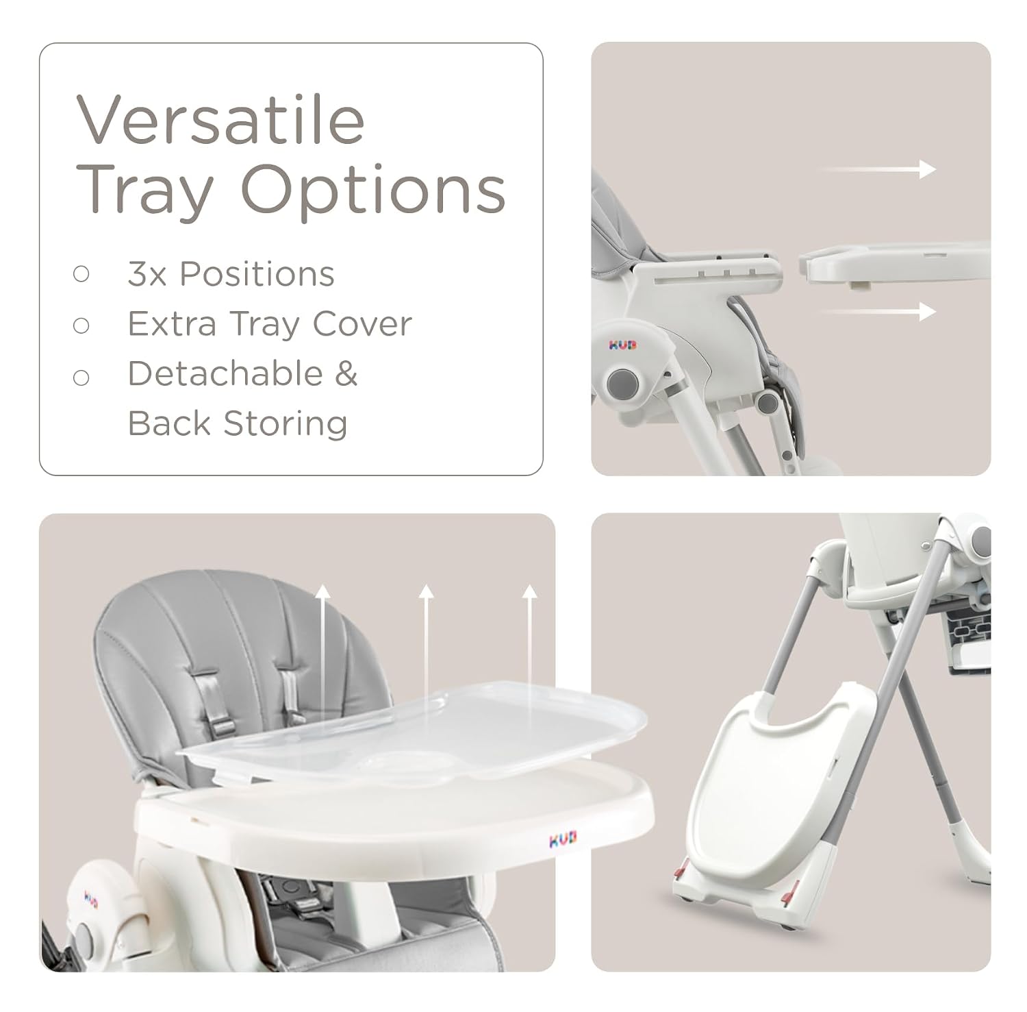 KÜB 3-in-1 Foldable Baby High Chair | Multifunctional Infant High Chairs for Babies and Toddlers | Removable Seat & Tray for Easy Clean | 7 Height & 4 Recline Adjustable | 2 Locking Wheels(Grey)