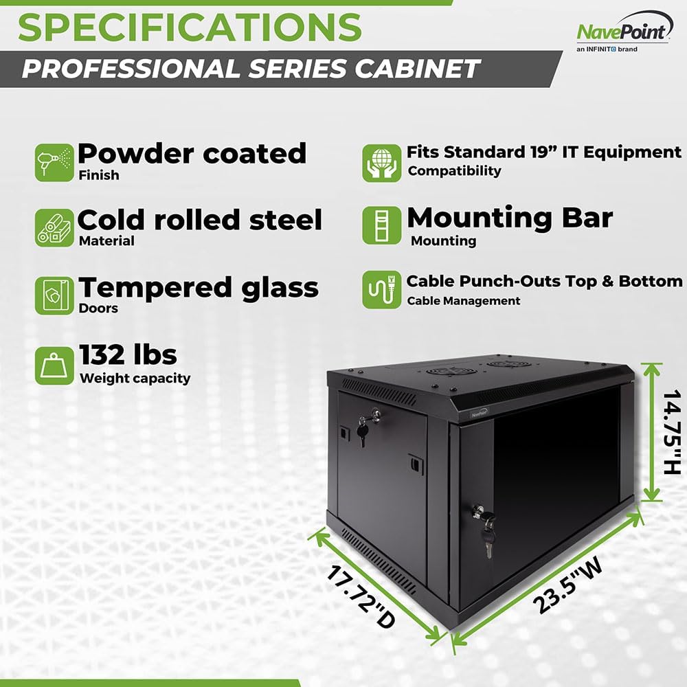 Navepoint 6U Deluxe IT Wallmount Cabinet Enclosure 19-Inch Server Network Rack with Locking Glass Door 16-Inches Deep Black