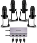 Movo USB Podcast Equipment Bundle for 4 – USB Interface with 4 UM700 Condenser Microphones – 4-Port Powered Hub for Streaming, Podcasting, Interviews