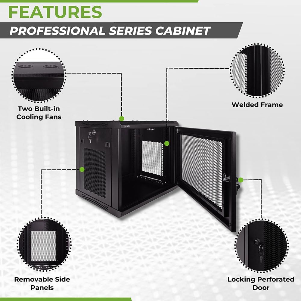 NavePoint 9U Server Rack Enclosure - 17.7' Deep, Wall Mount Network Cabinet with Locking Perforated Door, 19' IT Equipment Compatible, Removable Side Panels, Black