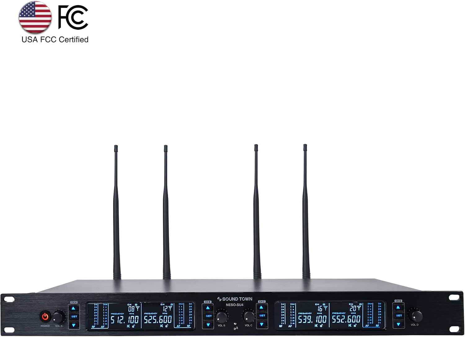 Sound Town 200 Channels UHF Wireless Microphone System with Metal Rack Mountable Receiver, 4 Lavalier Mics, 4 Bodypack Transmitters and Auto Scan, for Church, School, Meeting (NESO-SU4LL)