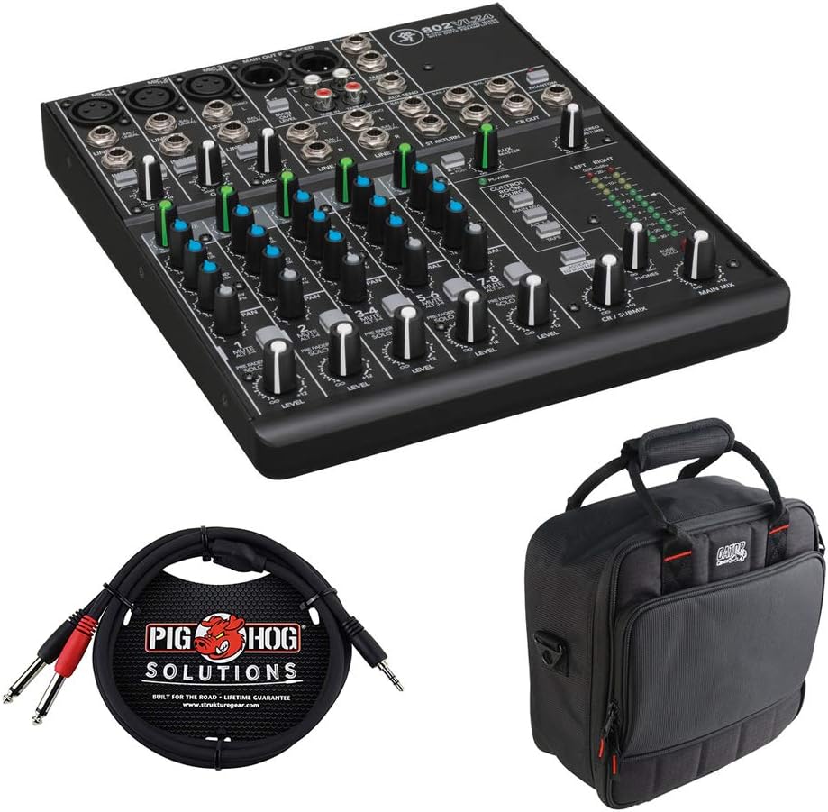 Mackie 802VLZ4 8-Channel Ultra-Compact Mixer with G-MIXERBAG-1212 Padded Nylon Mixer/Equipment Bag & PB-S3410 3.5 mm Stereo Breakout Cable, 10 feet Bundle
