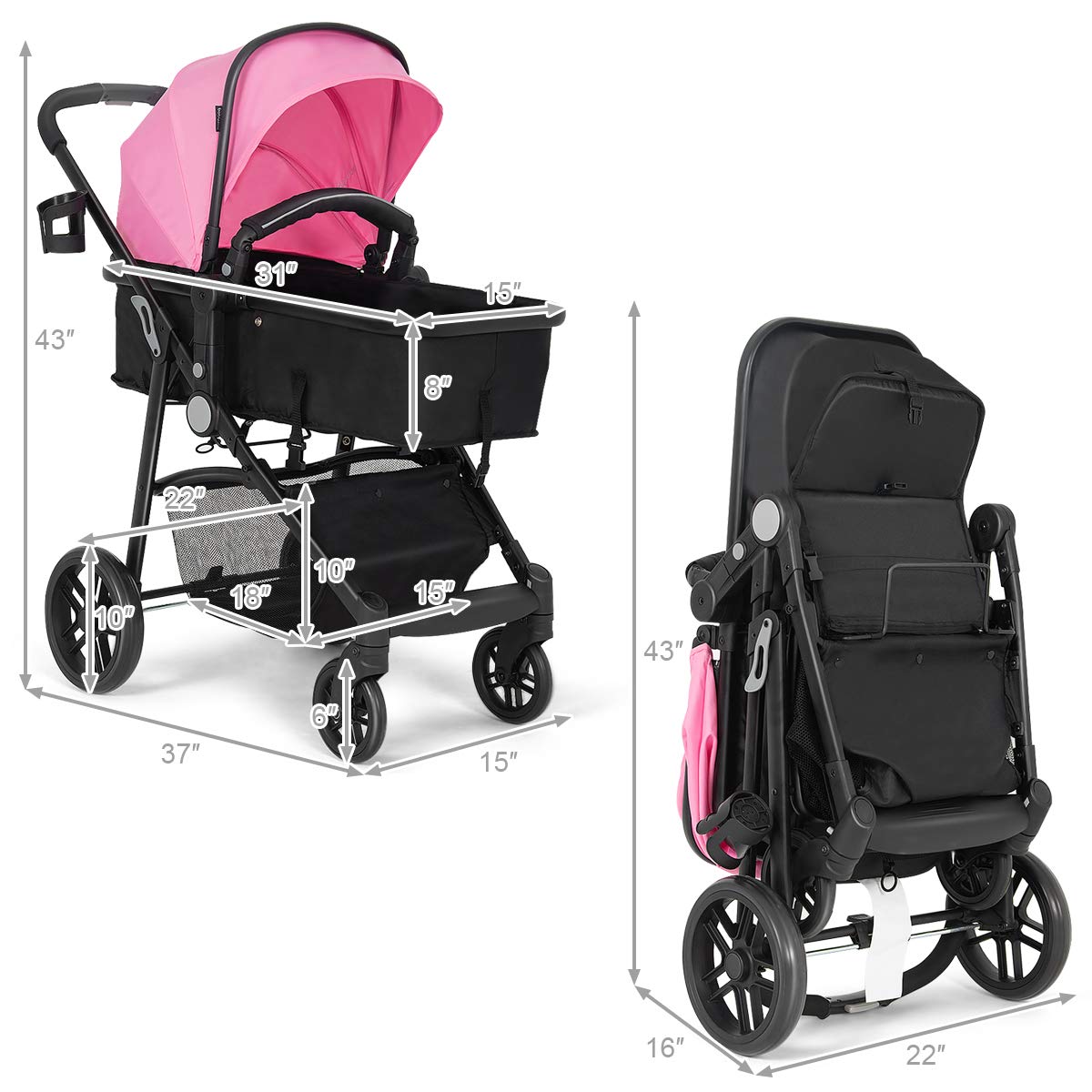 BABY JOY Baby Stroller, 2 in 1 Convertible Carriage Bassinet to Stroller, Pushchair with Foot Cover, Cup Holder, Large Storage Space, Wheels Suspension, 5-Point Harness (Pink)