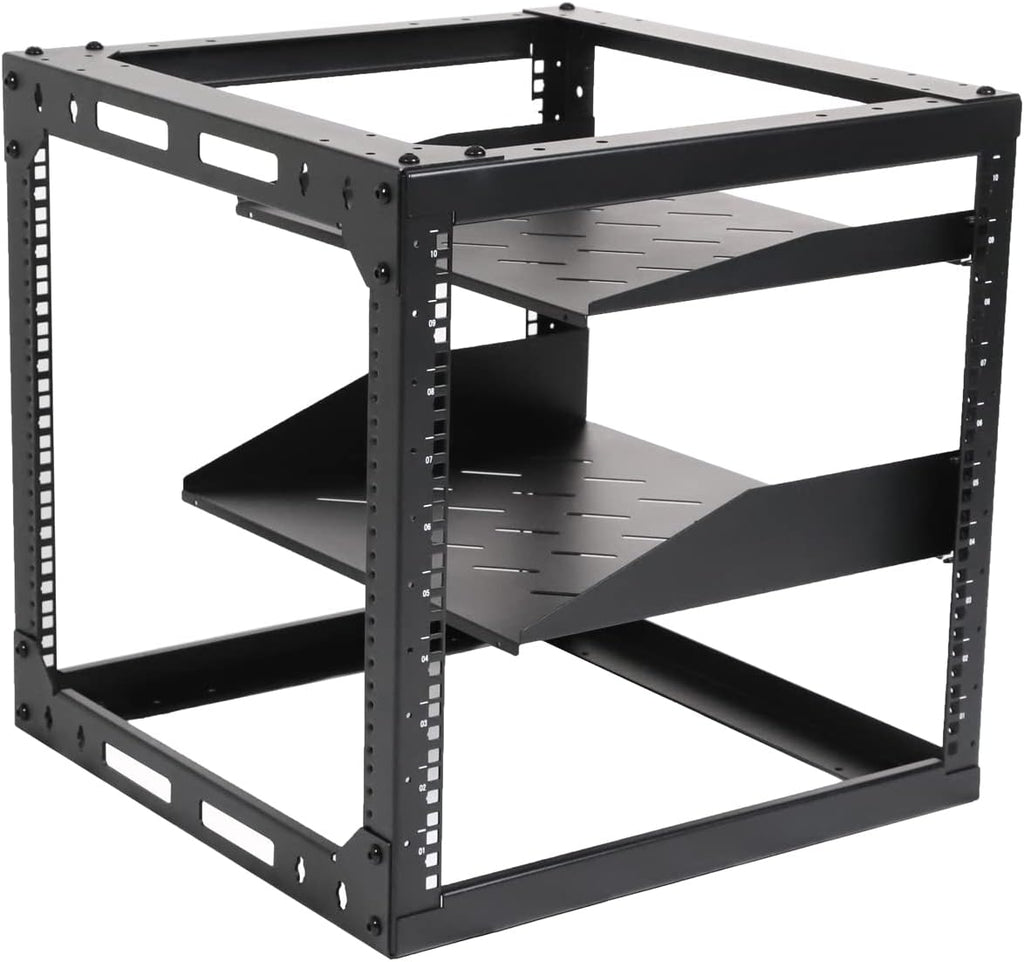 AEONS 10U Open Frame Network Server Rack 19-inch 4 Post AV Rack with Casters for Floor Standing and Wall Mount, Side Load for Extra Depth– Complete Kit with 1U and 2U Vented Shelves, Black