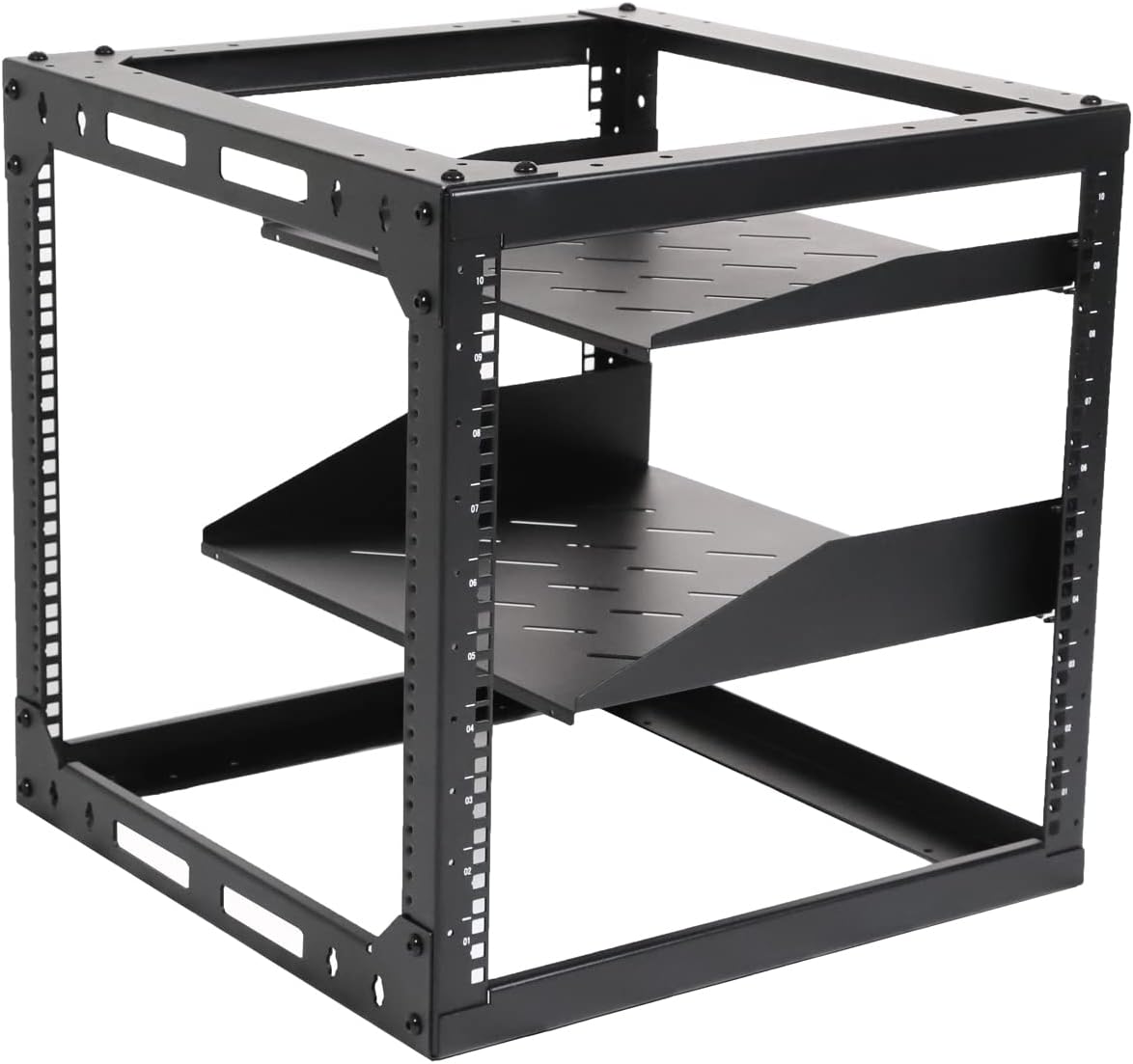 AEONS 10U Open Frame Network Server Rack 19-inch 4 Post AV Rack with Casters for Floor Standing and Wall Mount, Side Load for Extra Depth– Complete Kit with 1U and 2U Vented Shelves, Black