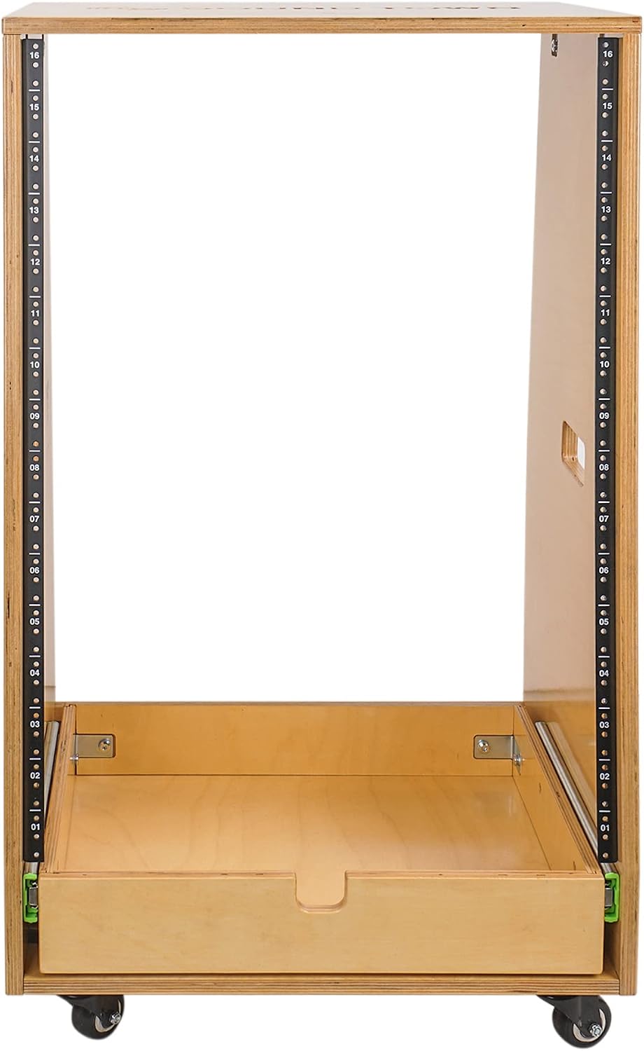 Sound Town 16U DIY Solid Baltic Birch Plywood Slanted Studio Rack with 16U Rack Space, Extra 2U Drawer, Rubber Feet, Casters, Golden Oak (SDRK-16TD2)