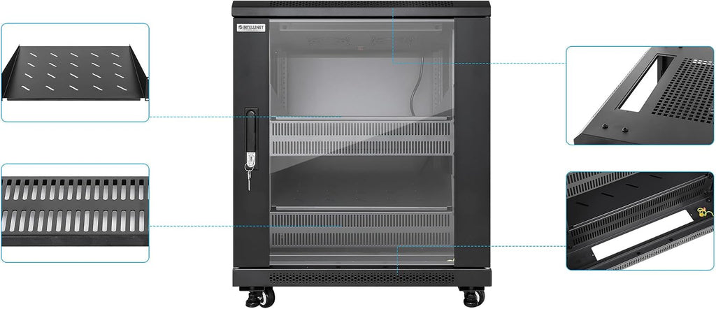 Intellinet 12U Network Server Rack Enclosure Cabinet with Integrated Fans – IP20 Rated, Reversible Tempered-Glass Front Door, Removable Side Panels – 3 Yr Mfg Warranty