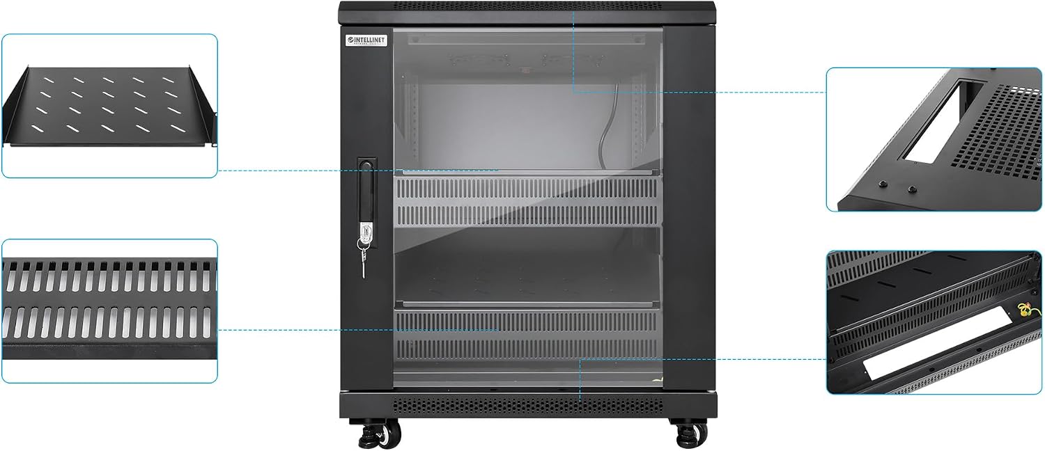 Intellinet 12U Network Server Rack Enclosure Cabinet with Integrated Fans – IP20 Rated, Reversible Tempered-Glass Front Door, Removable Side Panels – 3 Yr Mfg Warranty