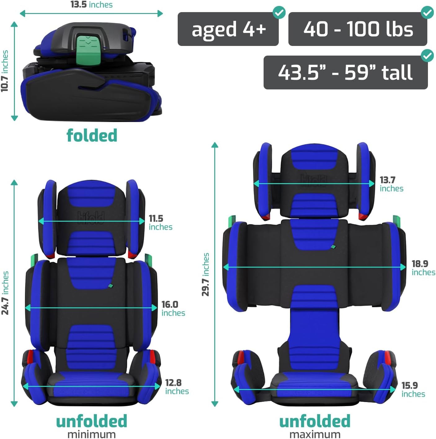 Mifold Hifold Adjustable Kids High Back Booster Car Seat with Strap – Ocean Blue
