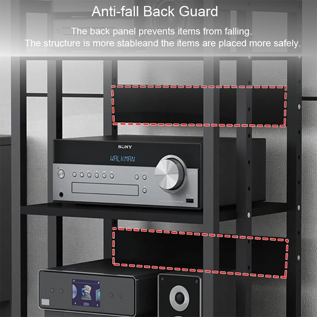 5-Tier Av Media Stand with Wheels, Audio Tower Rack with Adjustable Shelves, Stereo Racks and Stands with Storage Shelves, Media Console for Home, Office, Theater, Black
