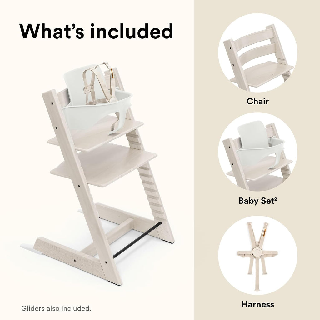 Stokke Tripp Trapp High Chair 2, Whitewash - Includes Chair + Baby Set with Removable Harness for Children 6-36 Months - Adjustable, Ergonomic & Easy to Clean