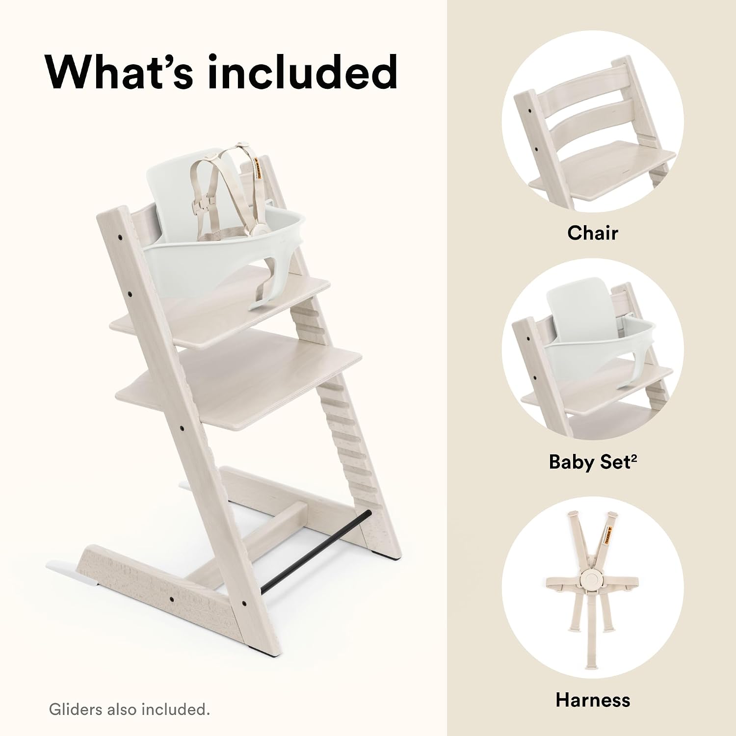 Stokke Tripp Trapp High Chair 2, Whitewash - Includes Chair + Baby Set with Removable Harness for Children 6-36 Months - Adjustable, Ergonomic & Easy to Clean