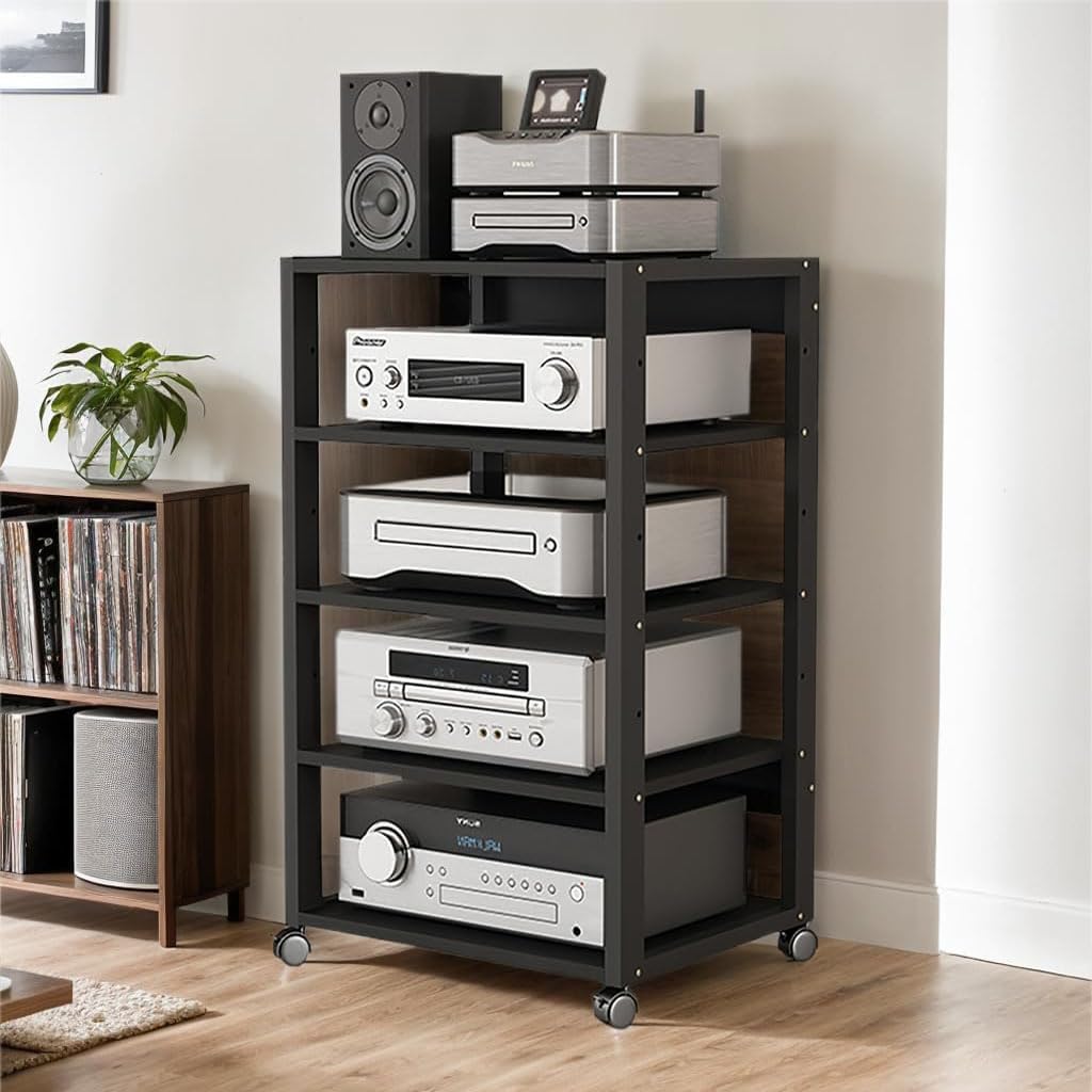 3/4/5 Tier Audio-Video Media Stand with Adjustable Shelves, Home Stereo System Entertainment Components Cabinet for Gaming, Meeting, Living, Recording Room, Black(50x40x90cm)