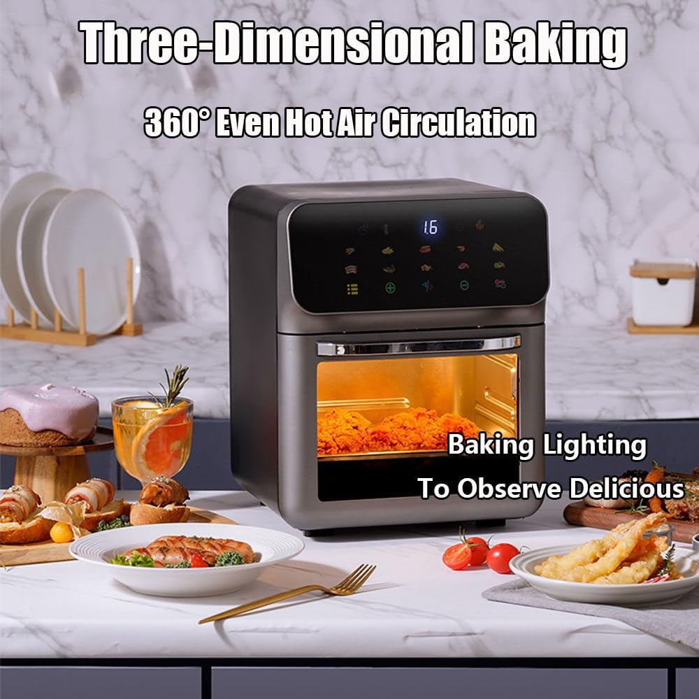 15l Large Air Fryer Toaster Oven Combo, Multi-Function Convection Oven, 1350w Smart Visual Air Fryer, Oil-Free Fryer With 10 Presets, Time And Temperature Adjustable, Led Touch Screen,DarkGrey