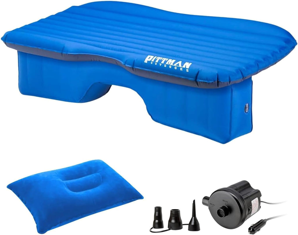 Pittman Outdoors Backseat Bed Air Mattress – 60' Rear Seat Air Mattress for Trucks, Vans & Large SUV – Includes Pump, Pillow & Storage Bag – Inflatable Back Seat Air Mattress – Blue
