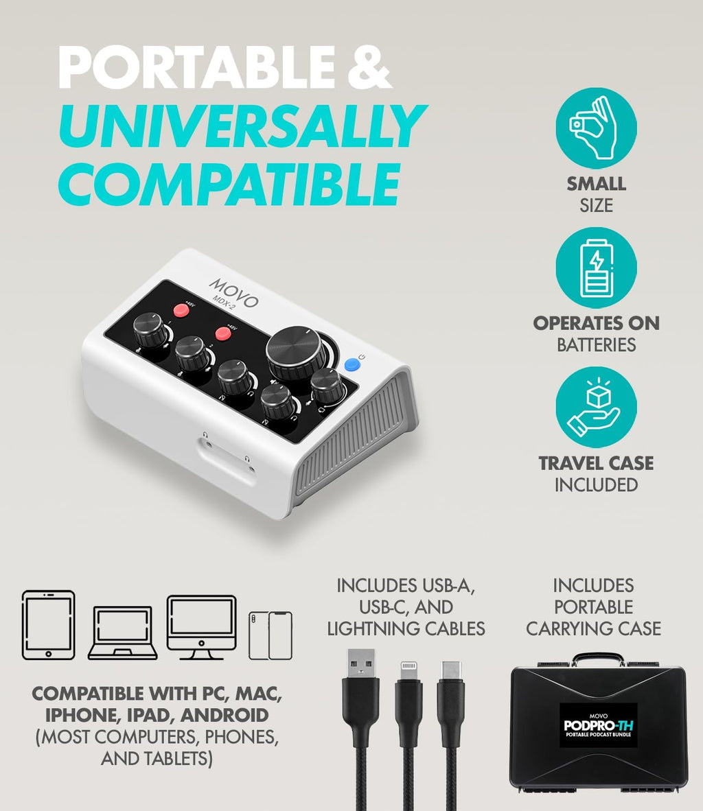 Movo Portable Podcast Equipment Bundle for iPhone/Android Phones- Podcast Kit with Audio Interface, 2 CastMic Dynamic Mics, 2 Table Stands - For Smartphones, Computers, PC, Mac - Lightning, USB, USB-C