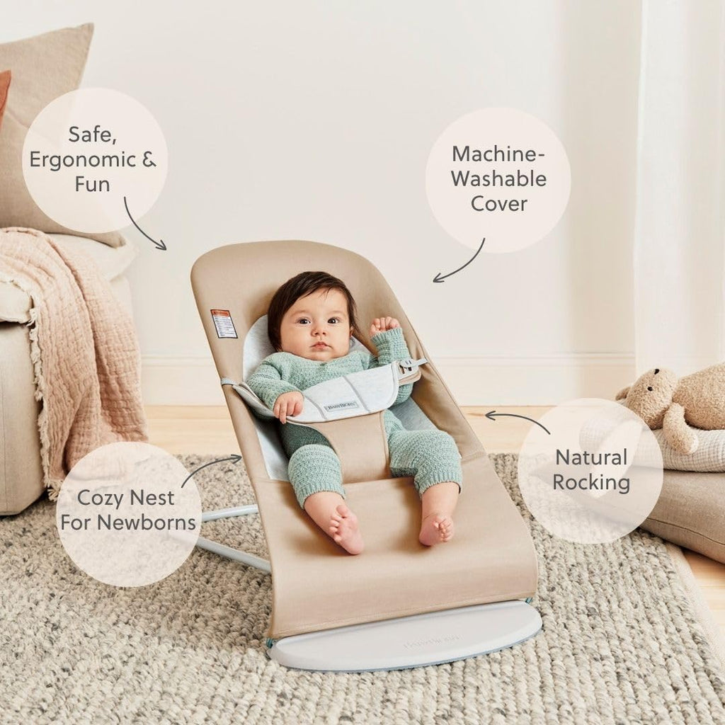 BabyBjörn Bouncer Balance Soft, Beige/Gray, Woven/Jersey | 2-in-1 Adjustable Baby Bouncer Seat and Toddler Chair, Newborn to Toddler (8-29 lbs), 4 Positions, Lightweight & Portable