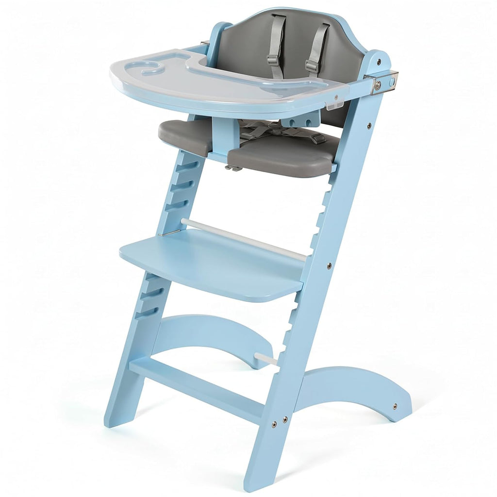Cowiewie New Upgrade 3-in-1 Convertible Wooden High Chair for Babies & Toddlers 10 Levels Adjustable 3-Tier Remove 2 Waterproof Cozy Cushions Blue