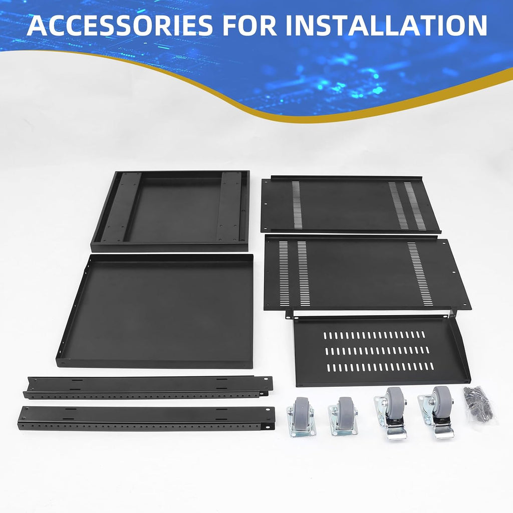 12U Rack with Caster Wheels, Heavy-Duty AV Rack with Adjustable Steel Shelf, Open Frame Server Rack for IT, AV, Data & Computer Equipment, 500lb Capacity, 19.7' W x 17.7' D x 26.8' H