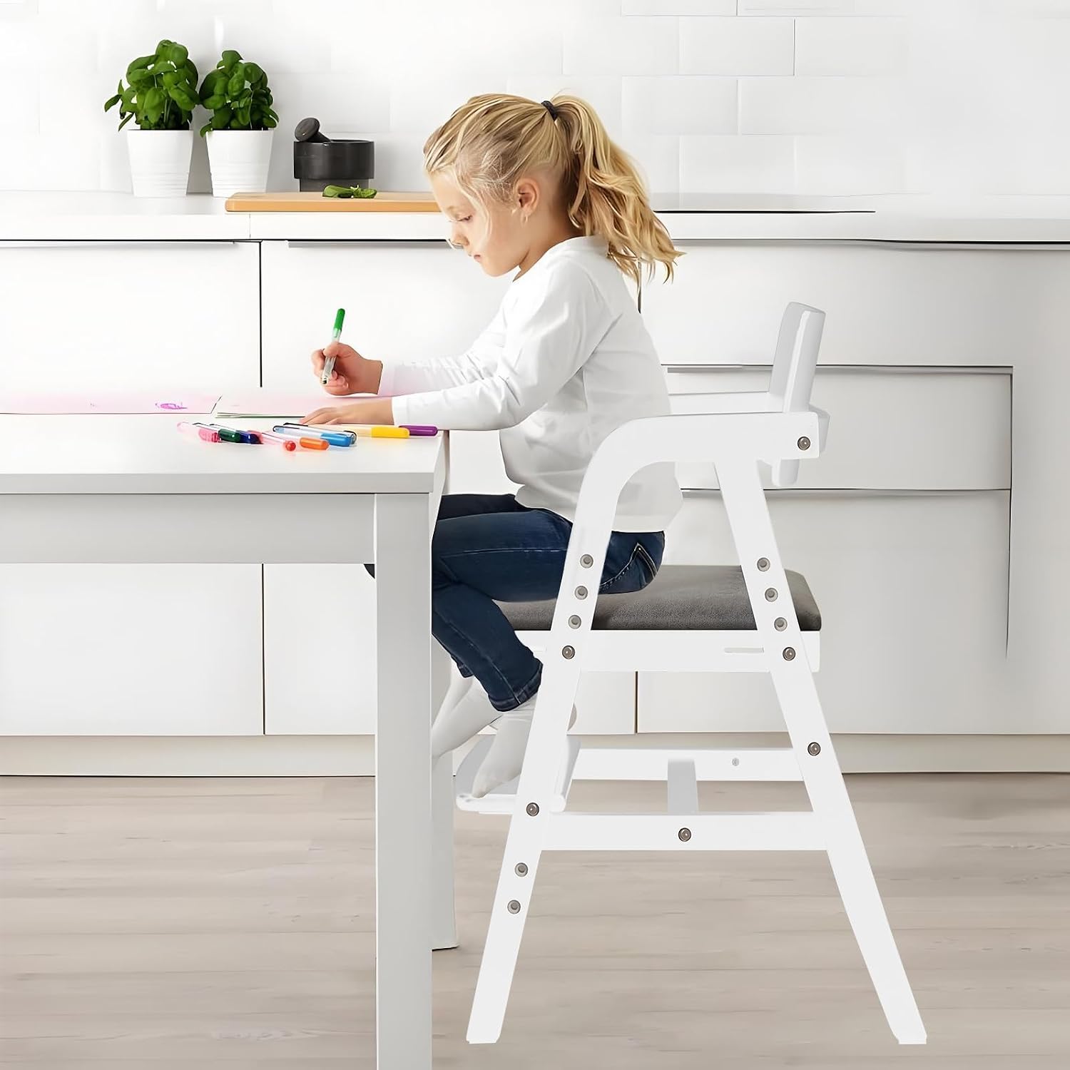 Wooden High Chair for Toddlers & Baby, Adjustable Dining Feeding Chair Grows with Kid, Convertible High Chair for Babies, Wipe Clean Skin-Friendly Cushion, for Home & Restaurant - White