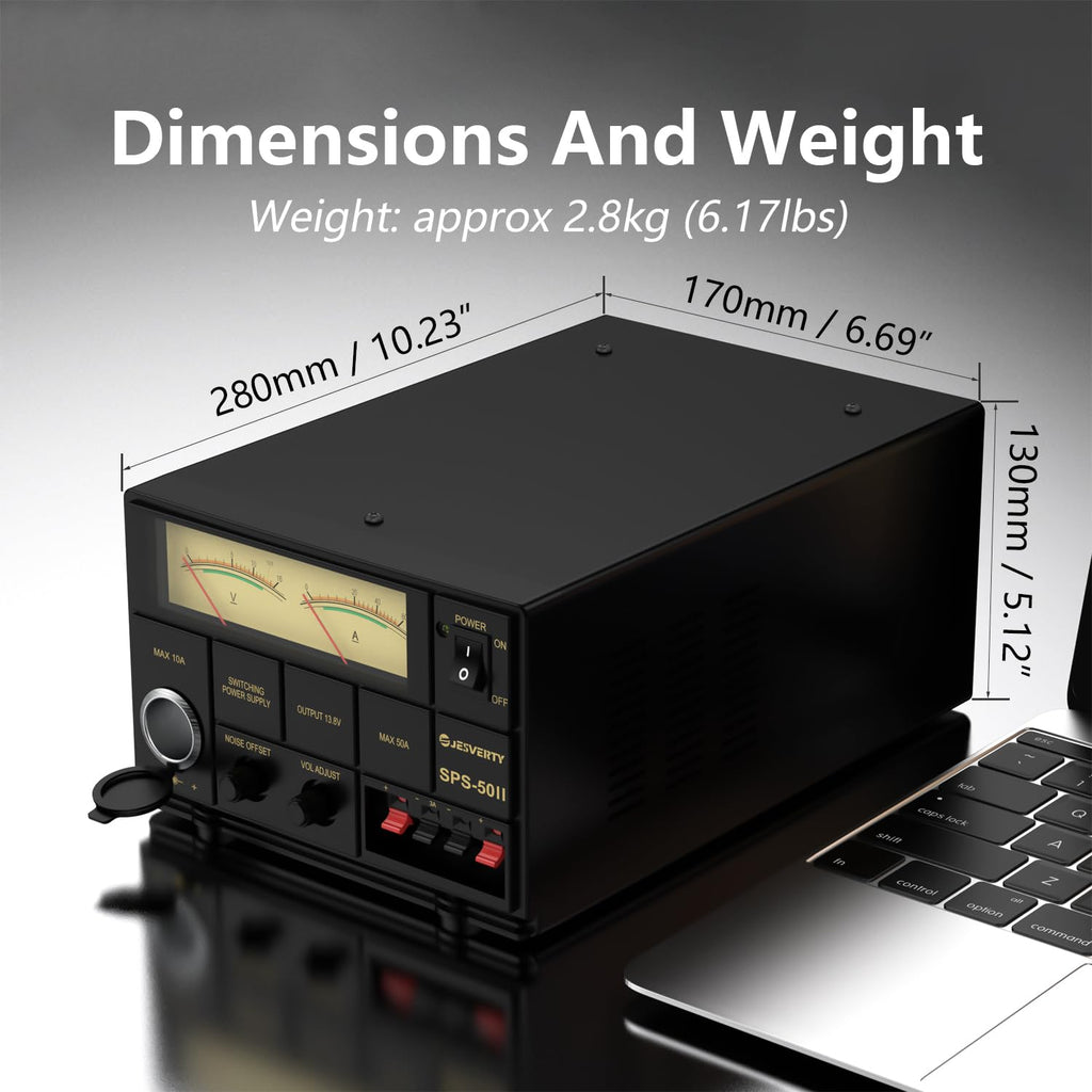 Universal Compact Bench Power Supply- 50 Amp Regulated Home Lab Benchtop AC-to-DC Converter 13.8 Volt/9-15Volt, Cooling Fan, Screw Type Terminals - Jesverty SPS-50II
