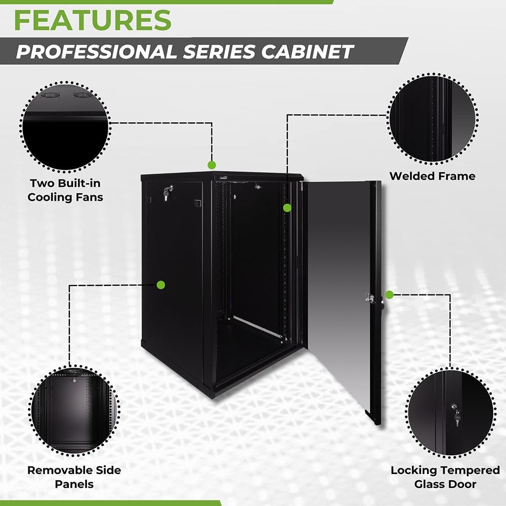 Navepoint 18U Deluxe IT Wallmount Cabinet Enclosure 19-Inch Server Network Rack with Locking Glass Door 24-Inches Deep Black