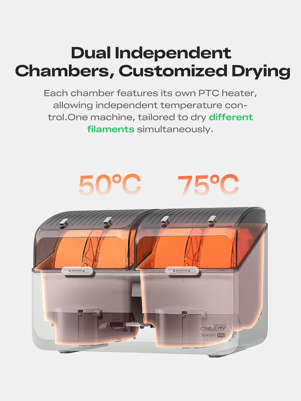 Creality Filament Dryer Box 4 Spools, Space Pi X4L Filament Storage Box, Max 85°C Temperature, Dual Independent Heating Chambers & Fan, Rapid Drying for PLA,PETG,TPU,ABS,PET,PC,ASA,PA,PAHT