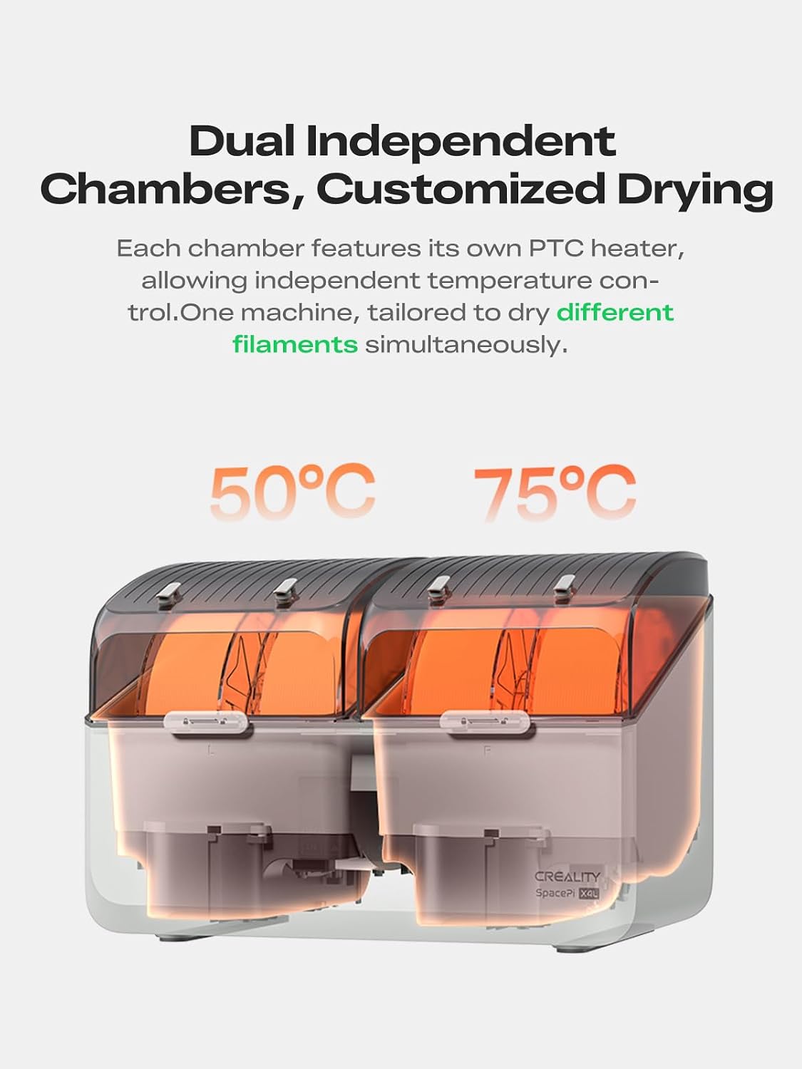 Creality Filament Dryer Box 4 Spools, Space Pi X4L Filament Storage Box, Max 85°C Temperature, Dual Independent Heating Chambers & Fan, Rapid Drying for PLA,PETG,TPU,ABS,PET,PC,ASA,PA,PAHT