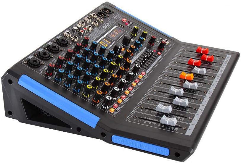 Pyle 6-Channel Console Style Audio Mixer with Bluetooth - DJ Sound Controller, 4 XLR / Combo Inputs, Sub Out, +48V Phantom, USB-A In, 16 DSP Effects, MP3 Player, 7-Band EQ - PMXU67BT