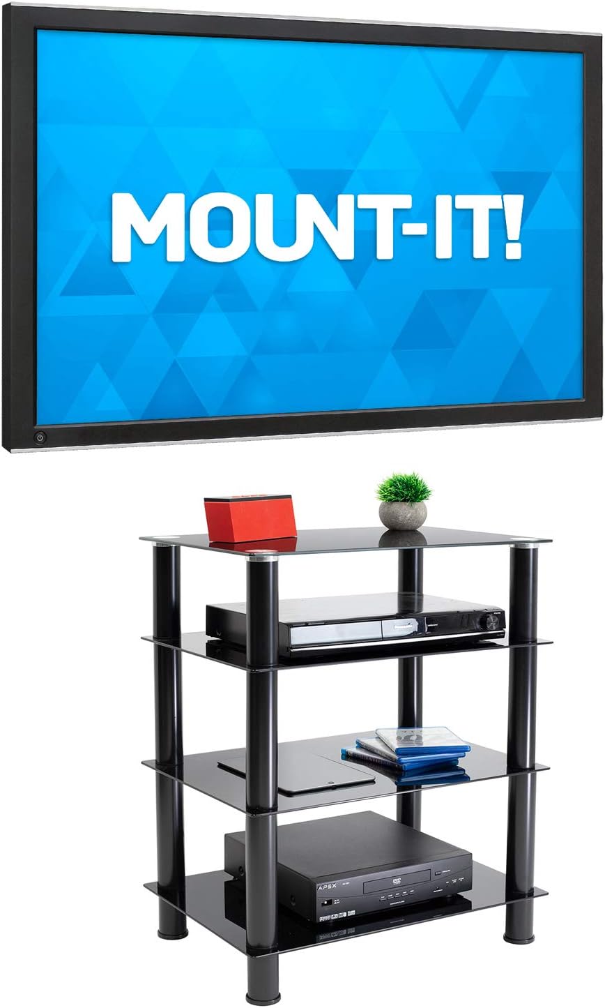 Mount-It! Tempered Glass AV Component Media Stand, Audio Tower and Media Center with 4 Shelves, 88 Lbs Capacity, Black Silk (MI-8670)