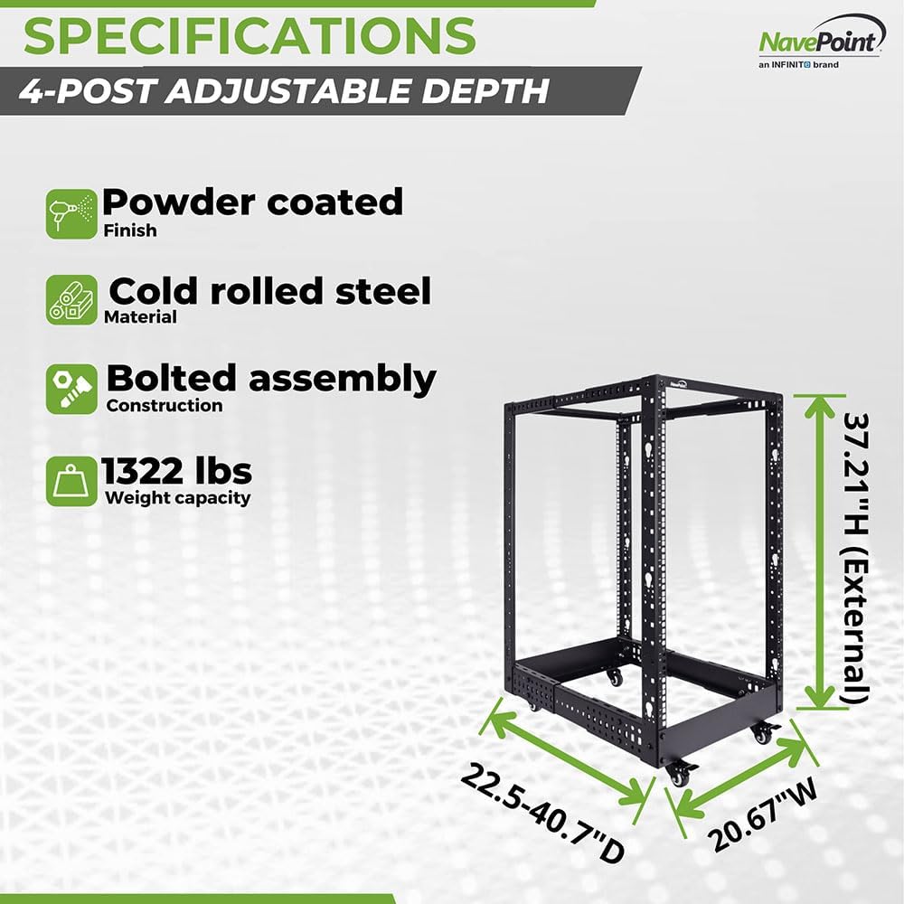 NavePoint 4-Post Open Frame Racks 19-inch Standard, Adjustable 22'-40', Square Holes/Cage Nuts - Parent