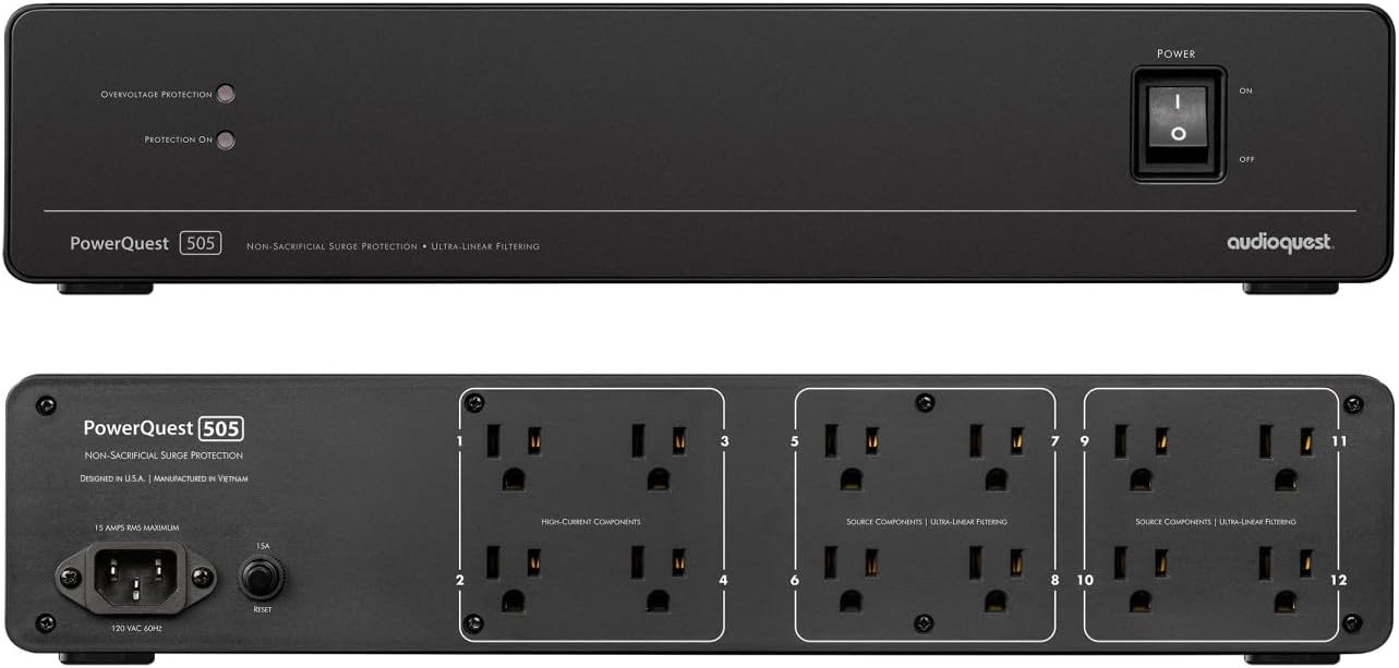 AudioQuest PQ505NA PowerQuest 505 12 Outlet Surge Protector with an AudioQuest NRGY3US01 1.0M Low-Noise AC Power Cable (2023)