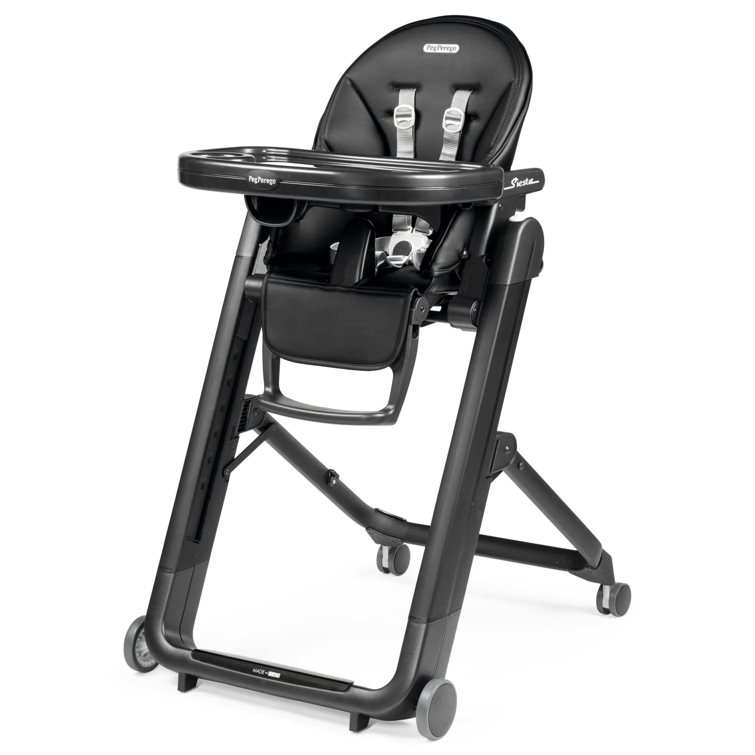 Peg Perego Siesta, Grow with Baby Folding High Chair & Recliner, Height Adjustable, Quick Clean & Easy Push Wheels for Babies & Toddlers, Made in Italy, True Black (Black)