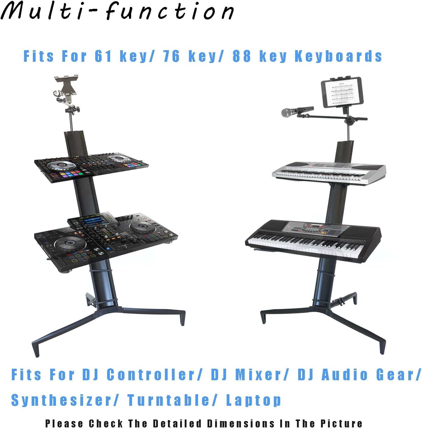 Portable Keyboard Stand - 2-Tier Column for 61/76/88 Key Keyboards - DJ Controller, Mixer, Synthesizer - Aluminum with Carrying Bag