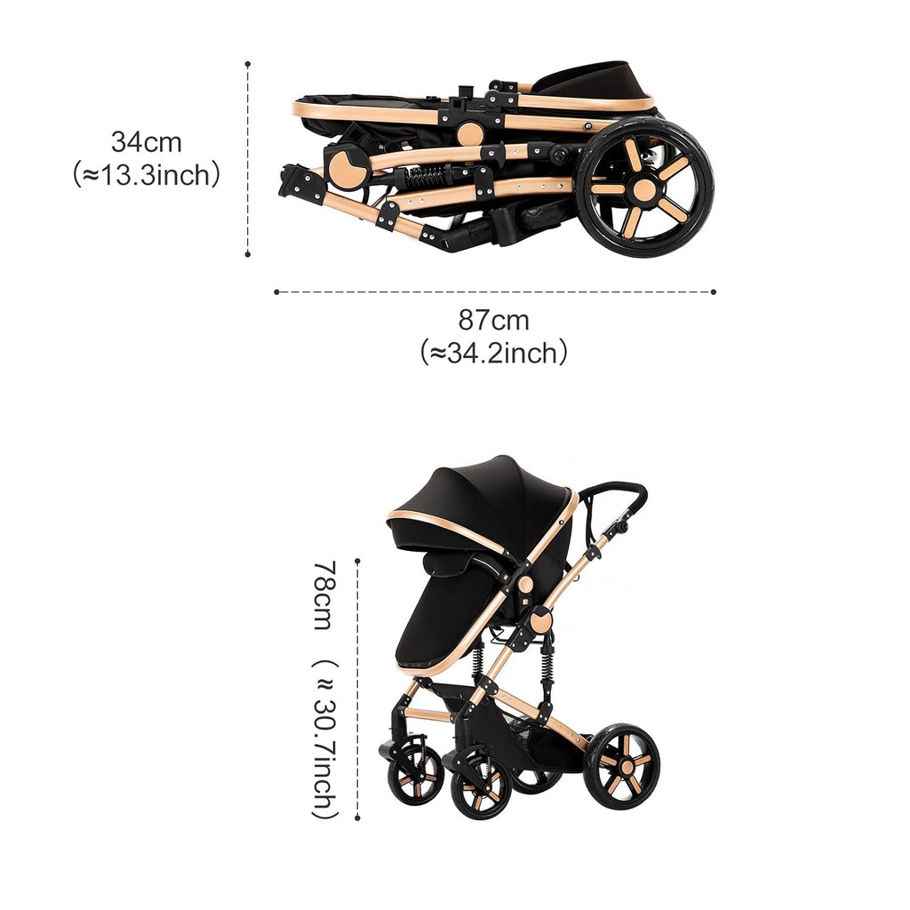 2 in 1 Baby Stroller, Convertible Pram, Reversible Standard Baby Stroller, Portable Baby Buggy, Infant Carriage, Foldable High Landscape Pushchair for Toddler Newborn (2US588-BLACK)